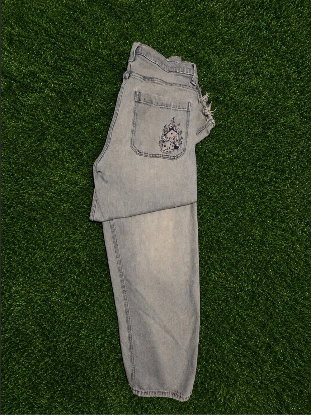 Hollister Men's Light Gray Washed Relaxed Jeans with Back Pocket Flame Patch